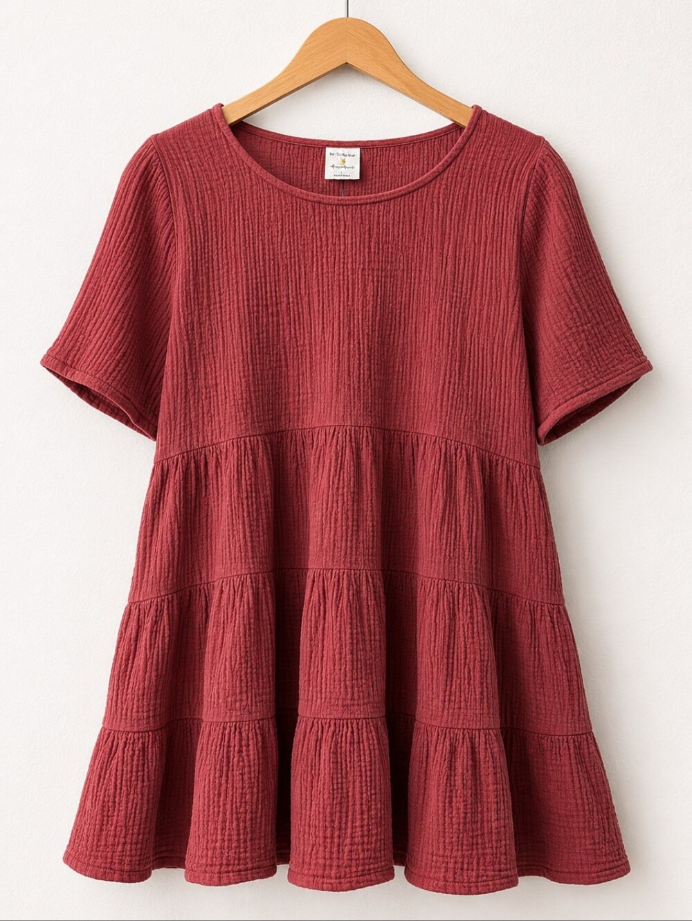 By Together Tiered Short-Sleeve Peplum Top - Brick Red 100% Cotton Size L